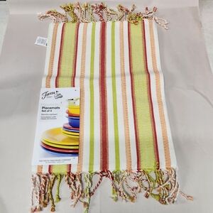 Fiesta Placemat Set of 4 Woven Tassel New Green Orange White Warm Colors Holiday